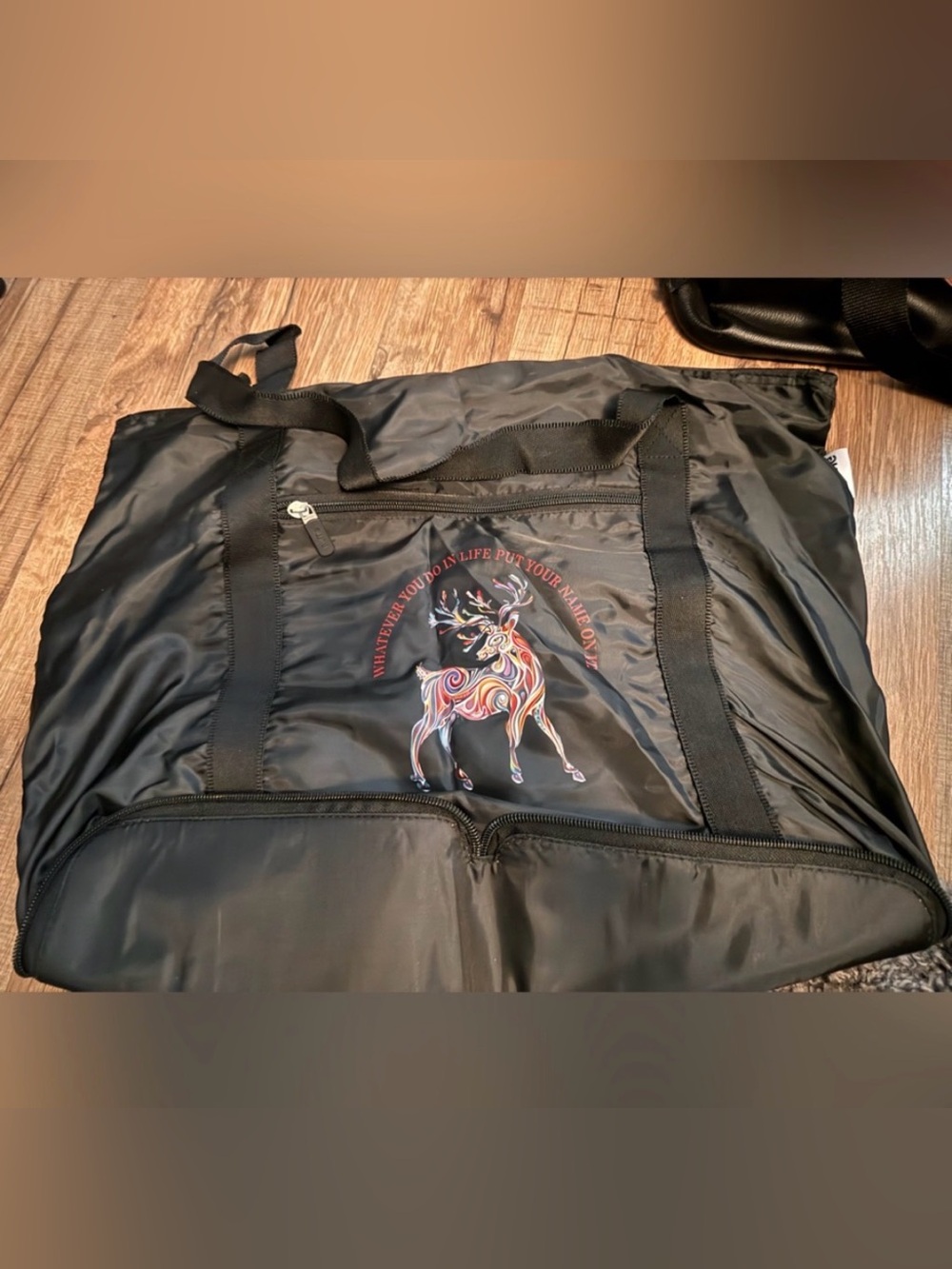 Black Tote Bag with Colorful Deer Design